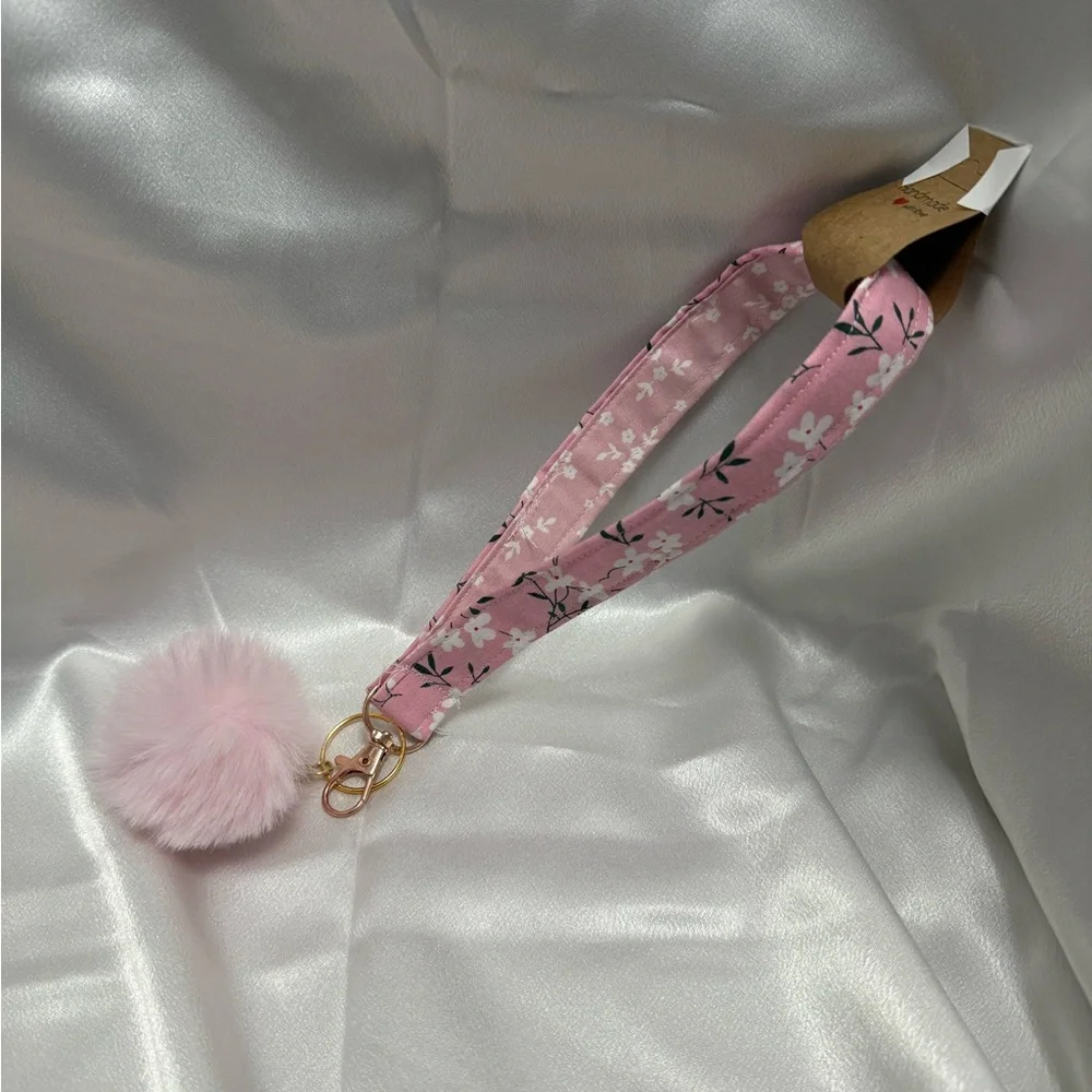 Handmade Pink and White Cherry Blossom Wristlet Keychain with Light Pink Pompom